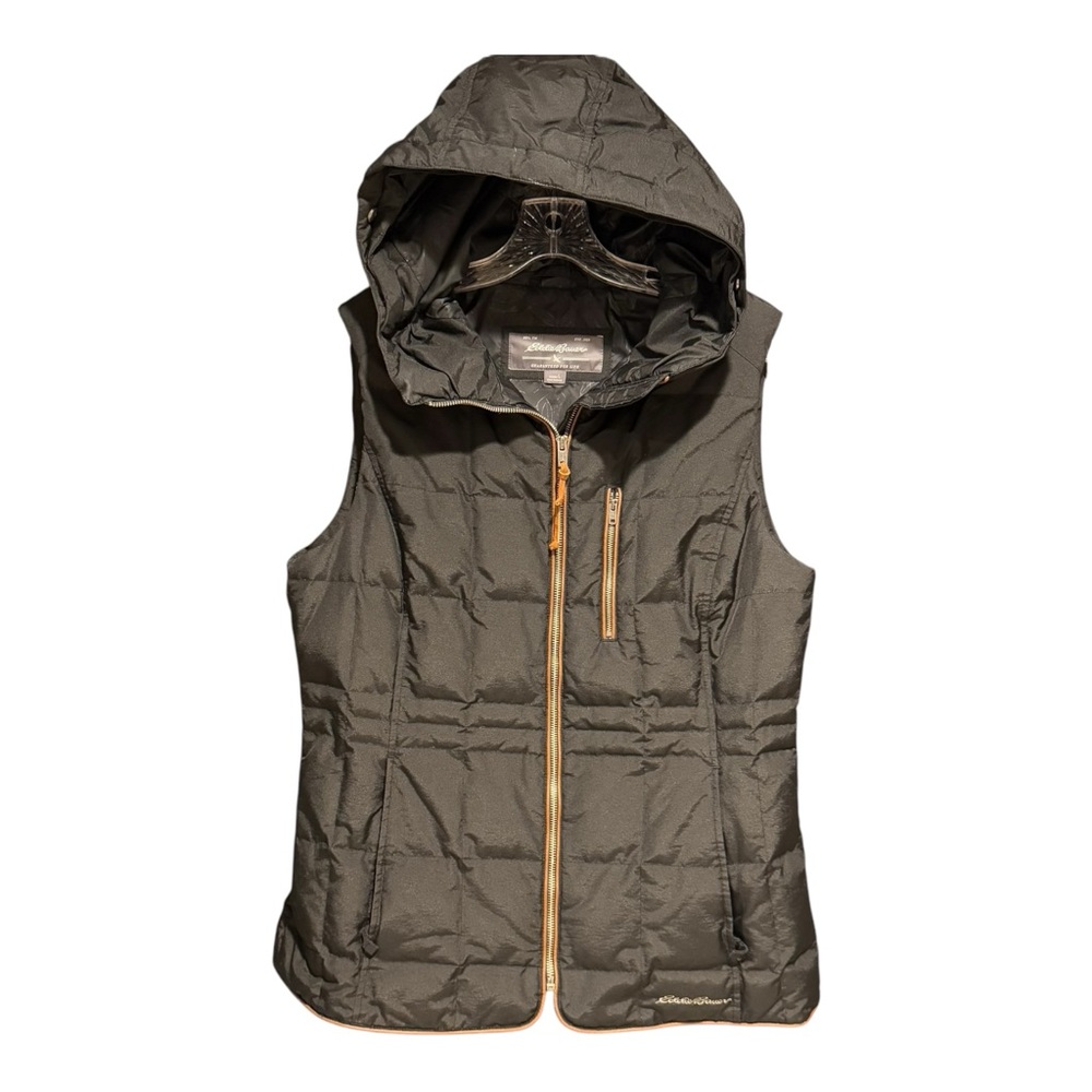 EDDIE BAUER Vest Puffer Down Hood Black Leather Trim Yukon Large